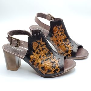 Roper Mika open toe tooled leather 3" mule sandles